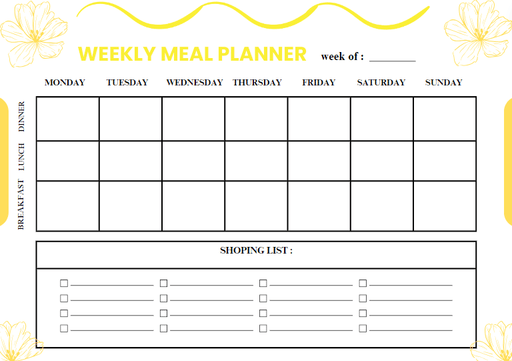 Yellow Minimalist Weekly Meal Planner Printable PDF format