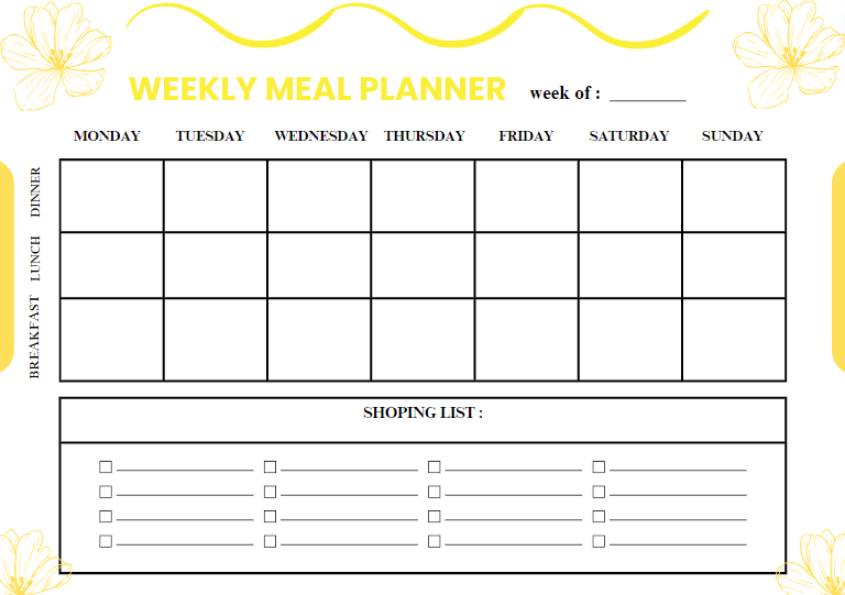 Yellow Minimalist Weekly Meal Planner Printable PDF format